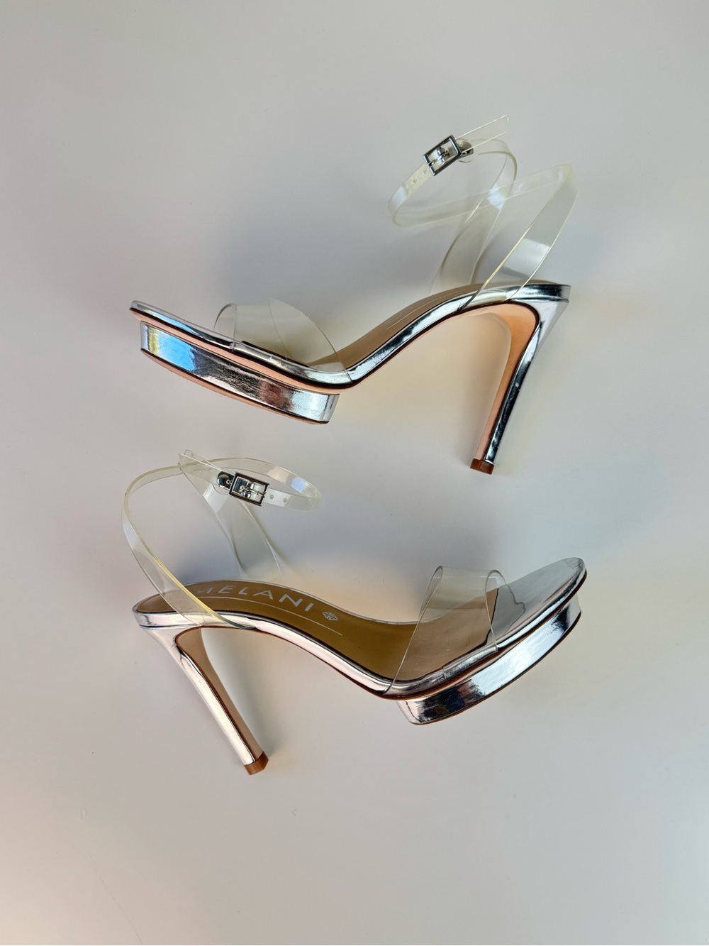Antonio Melani Kat Mirror Silver Clear Vinyl Platform Heels Size 8